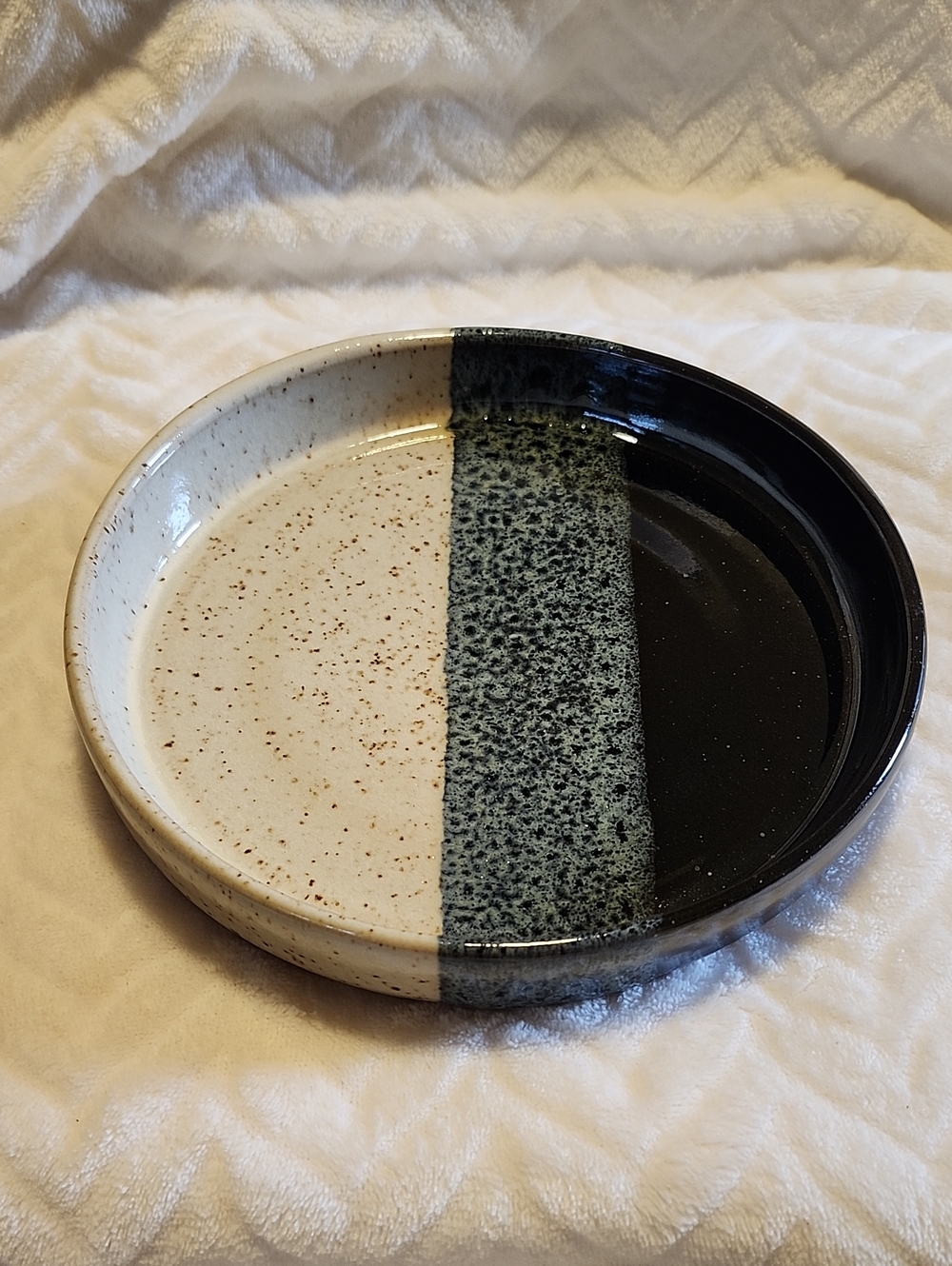 Stoneware 8" Platter- Black, Speckled Cream & Slate Accent